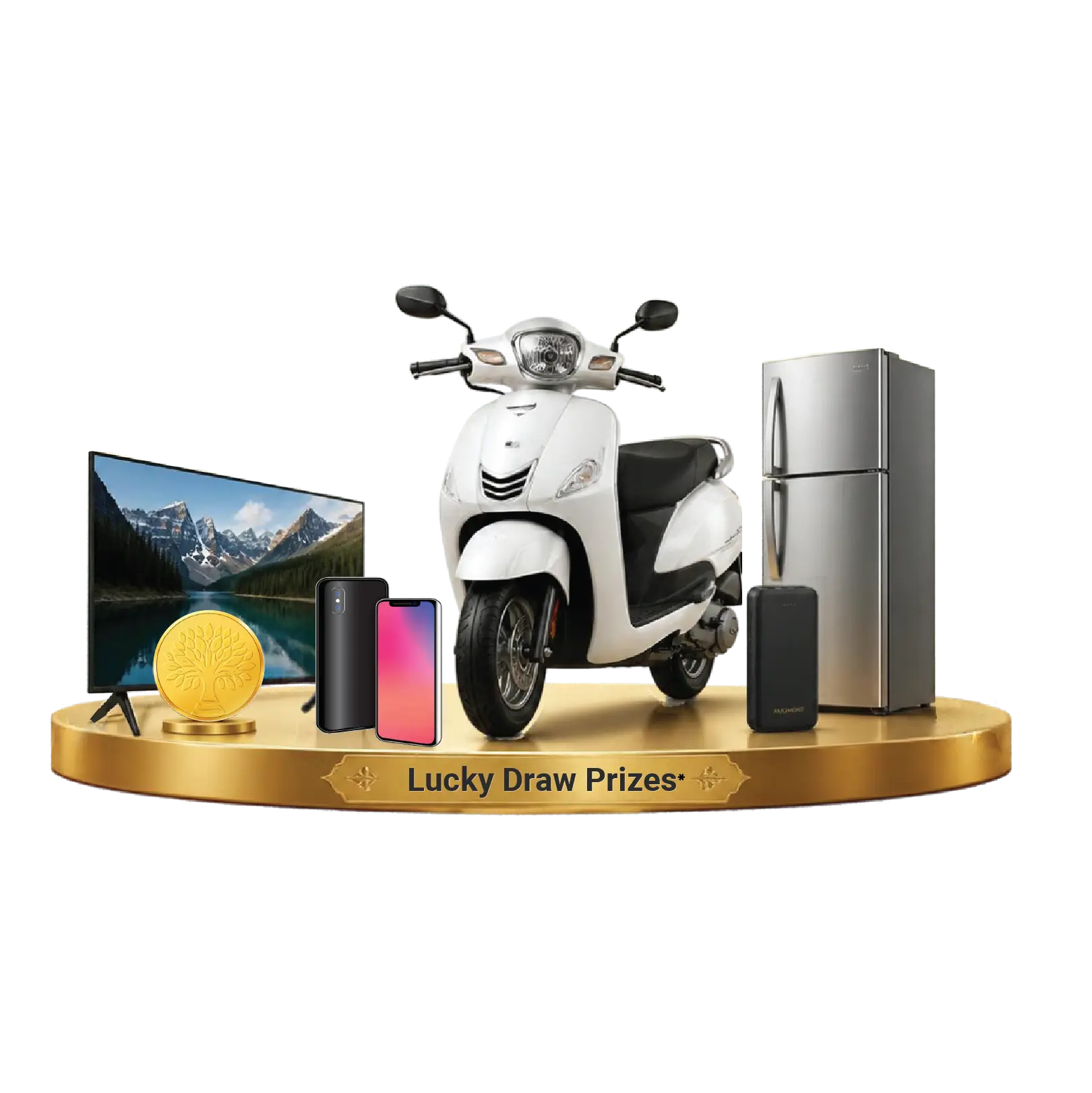 Lucky draw prizes: scooter, refrigerator, television, smartphones, power bank and a gold coin